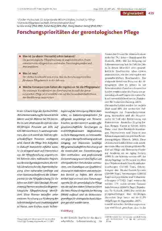 Vorschauseite 1: Forschungsprioritäten der gerontologischen Pflege
