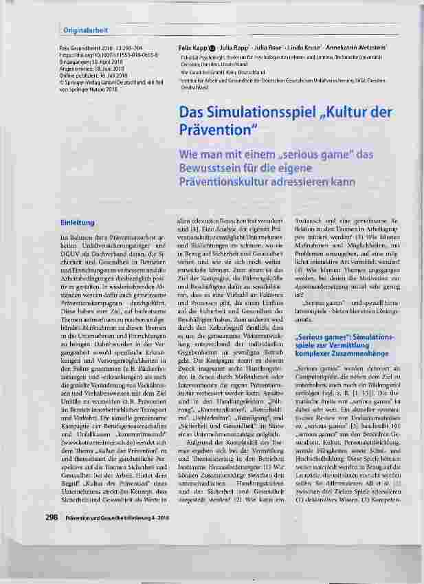 Vorschauseite 1: Das Simulationsspiel „Kultur der Prävention