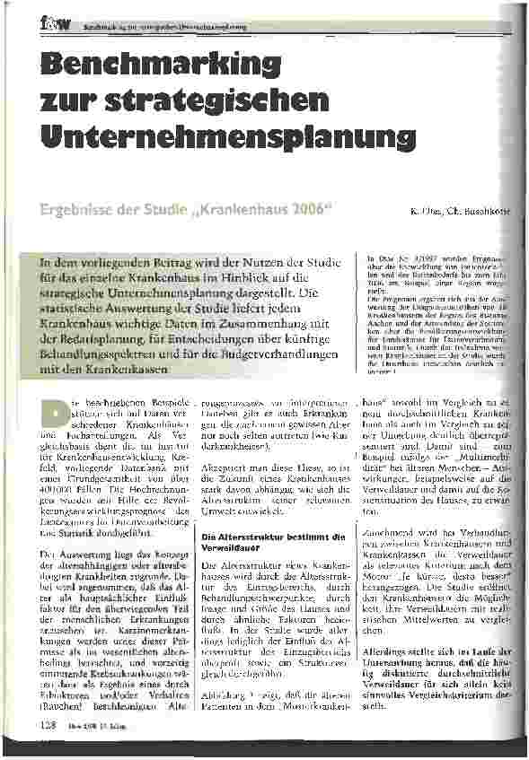 Vorschauseite 1: Benchmarking zur strategischen Unternehmensplanung Ergebnisse der Studie Krankenhaus 2006