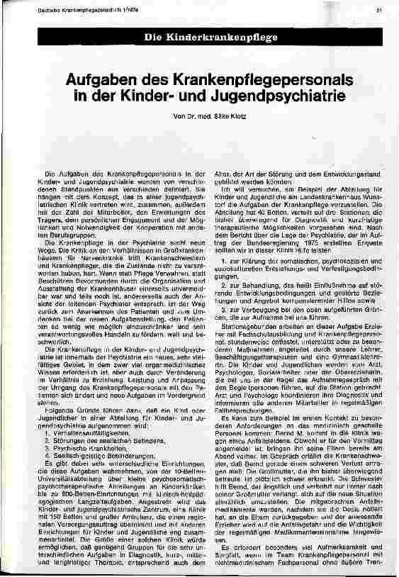 Vorschauseite 1: Aufgaben des Krankenpflegepersonals in der Kinderund Jugendpsychiatrie
