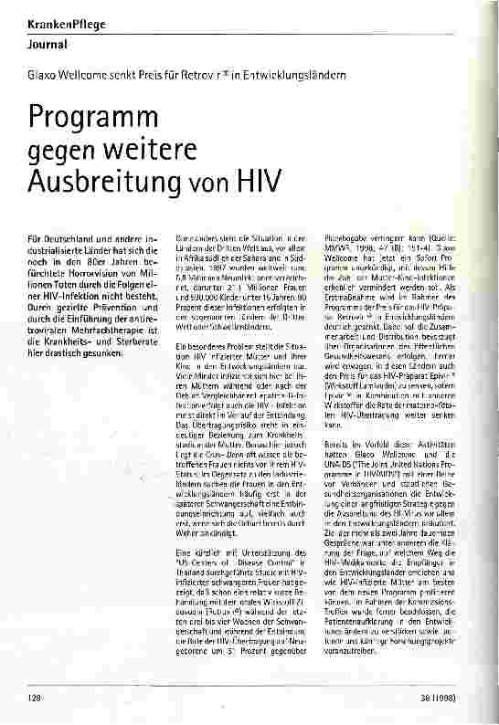Vorschauseite 1: Programm gegen weitere Ausbreitung von HIV Glaxo Wellcome senkt Preis für Retrovir in Entwicklungsländern