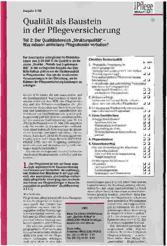 Vorschauseite 1: Qualität als Baustein in der Pflegeversicherung Teil 2: Der Qualitätsbereich Strukturqualität - Was müssen ambulante Pflegedienste vorhalten?