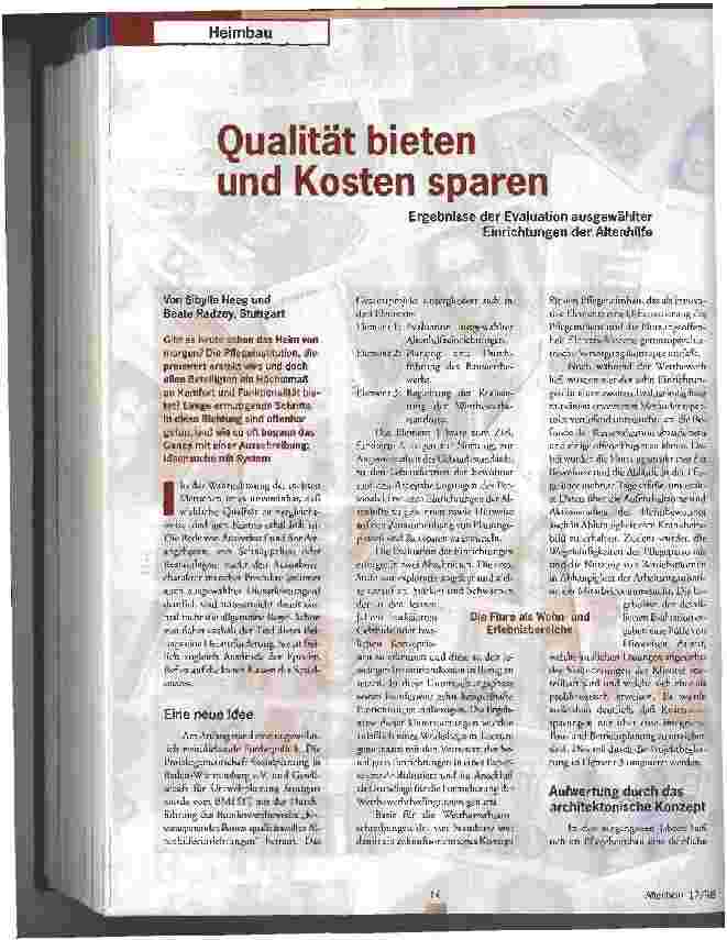 Vorschauseite 1: Qualität bieten und Kosten sparen Ergebnisse der Evaluation ausgewählter Einrichtungen der Altenhilfe