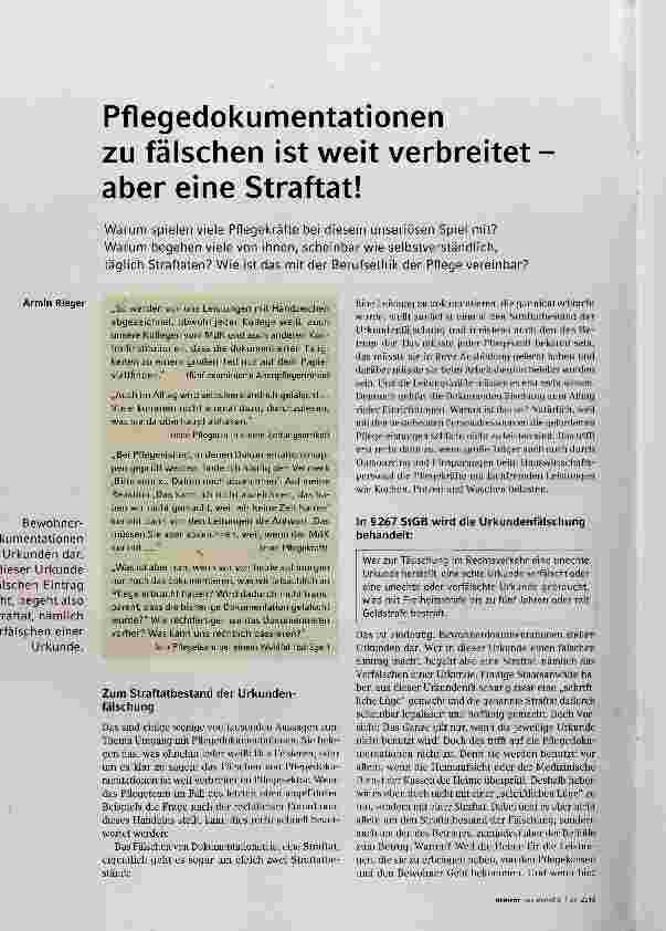 Vorschauseite 1: Pflegedokumentationen zu fälschen ist weit verbreitet aber eine Straftat!