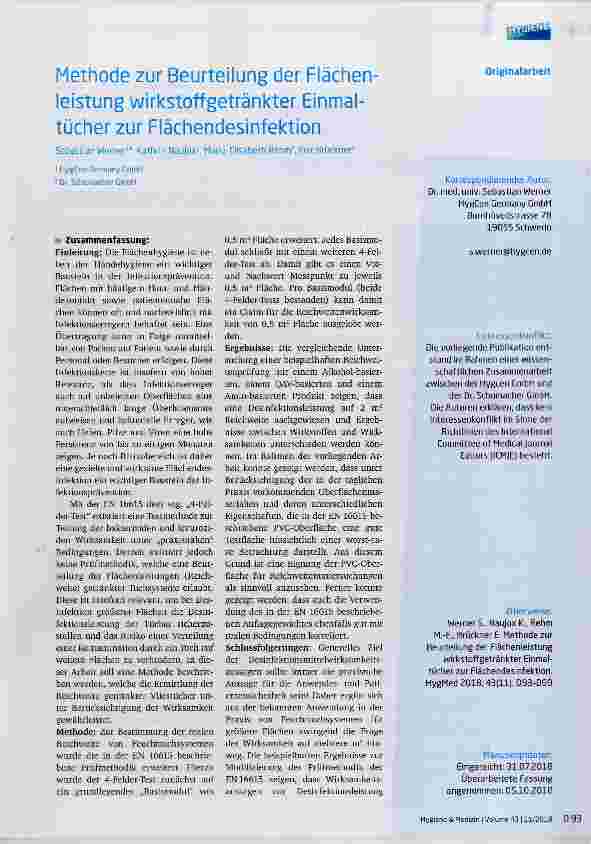 Vorschauseite 1: Methode zur Beurteilung der Flächenleistung wirkstoffgetränkter Einmaltücher zur Flächendesinfektion
