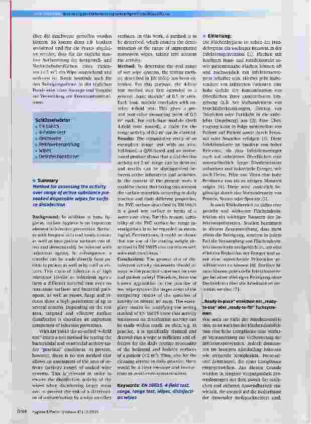 Vorschauseite 2: Methode zur Beurteilung der Flächenleistung wirkstoffgetränkter Einmaltücher zur Flächendesinfektion
