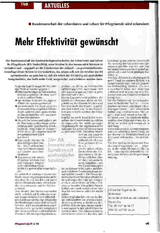 Vorschauseite 1: Mehr Effektivität gewünscht Bundesausschuß der Lehrerinnen und Lehrer für Pflegeberufe wird refomiert