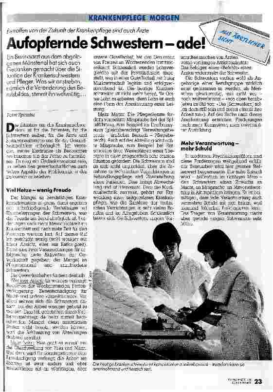 Vorschauseite 1: Aufopfernde Schwestern-ade! Betroffen von der Zukunft der Krankenpflege sind auch die Ärzte