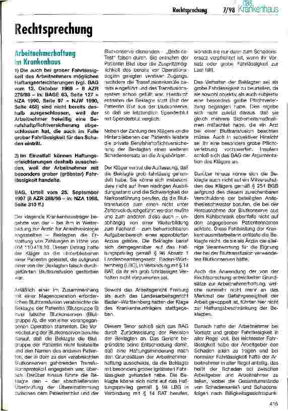 Vorschauseite 1: Arbeitnehmerhaftung im Krankenhaus
