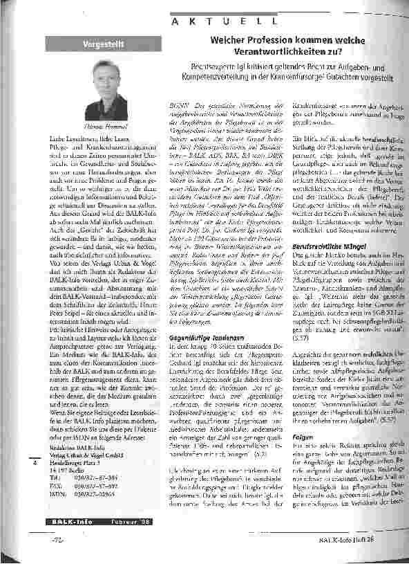 Vorschauseite 1: Welcher Profession kommen welche Verantwortlichkeiten zu? Rechtsexperte Igl kritisiert geltendes Recht zur Aufgabenund Kompetenzverteilung in der Krankenfürsorge/Gutachten vorgest…