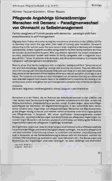 Vorschauseite 1: Pflegende Angehörige türkeistämmiger Menschen mit Demenz Paradigmenwechsel von Ohnmacht zu Selbstmanagement