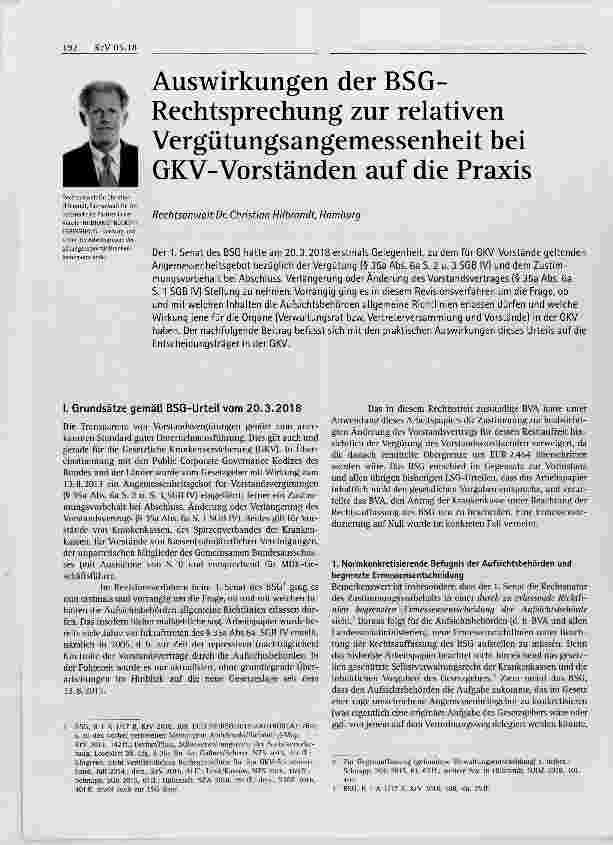 Vorschauseite 1: Auswirkungen der BSG- Rechtsprechung zur relativen Vergütungsangemessenheit bei GKV-Vorständen auf die Praxis