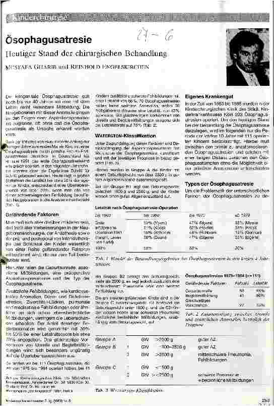 Vorschauseite 1: Ösophagusatresie Heutiger Stand der chirurgischen Behandlung