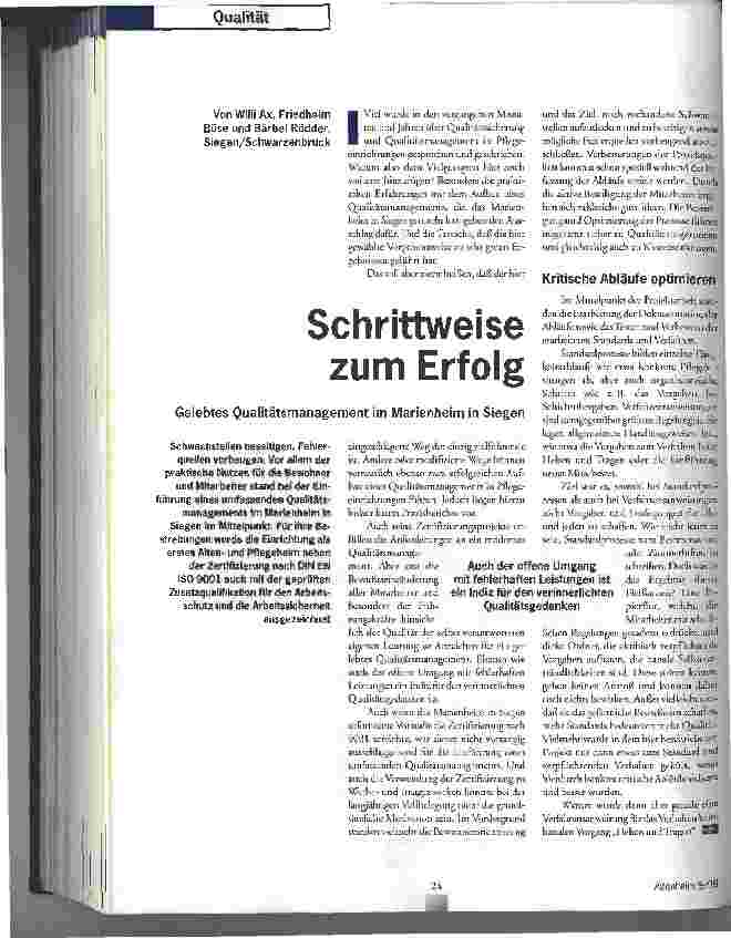 Vorschauseite 1: Schrittweise zum Erfolg Gelebtes Qualitätsmanagement in Marienheim in Siegen