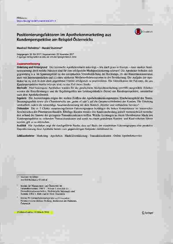 Vorschauseite 1: Positionierungsfaktoren im Apothekenmarketing aus Kundenperspektive am Beispiel Österreichs