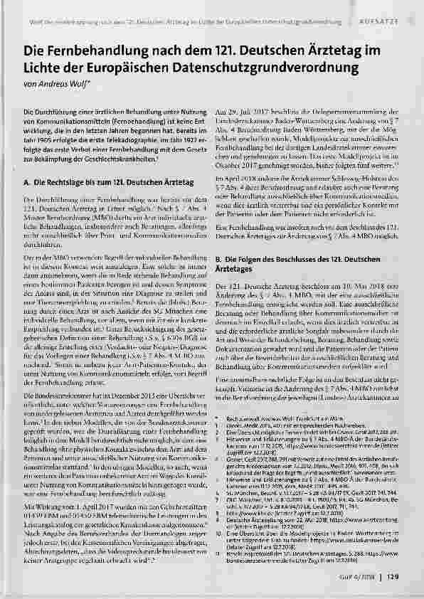 Vorschauseite 1: Die Fernbehandlung nach dem 121. Deutschen Ärztetag im Lichte der Europäischen Datenschutzgrundverordnung