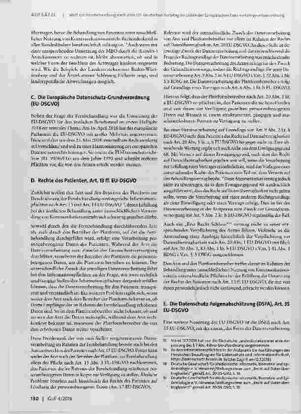 Vorschauseite 2: Die Fernbehandlung nach dem 121. Deutschen Ärztetag im Lichte der Europäischen Datenschutzgrundverordnung
