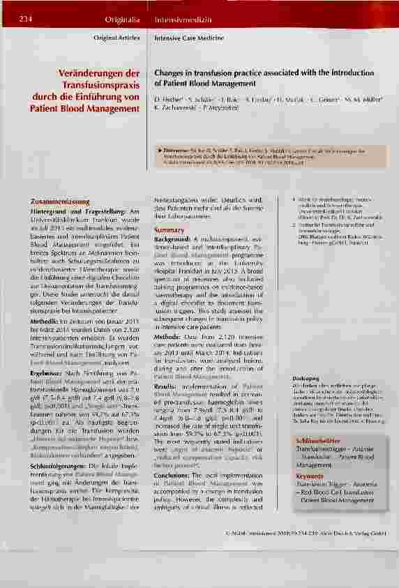 Vorschauseite 1: Veränderungen der Transfusionspraxis durch die Einführung von Patient Blood Management