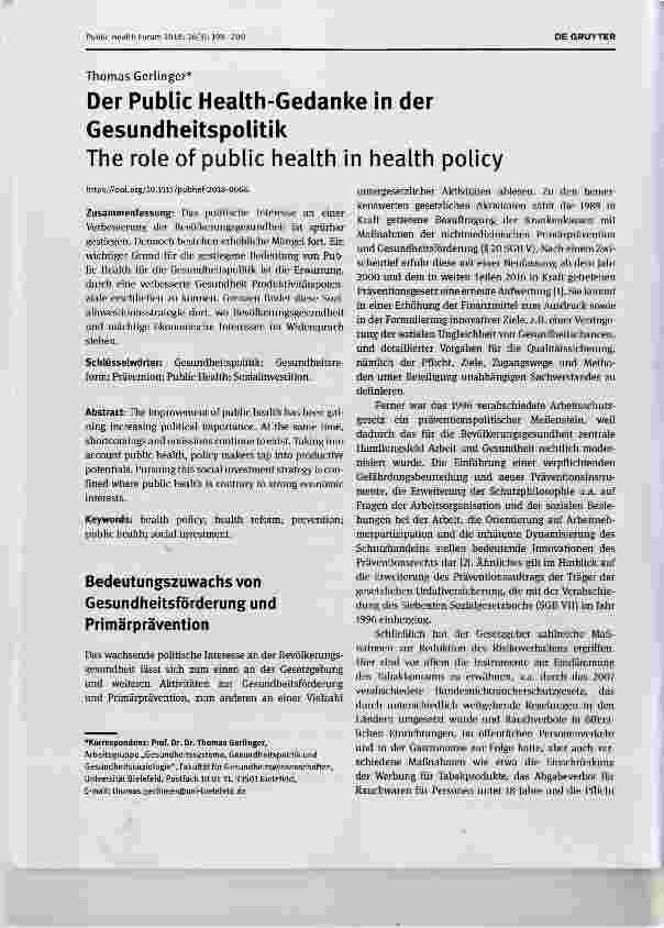 Vorschauseite 1: Der Public Health-Gedanke in der Gesundheitspolitik The role of public health in health policy