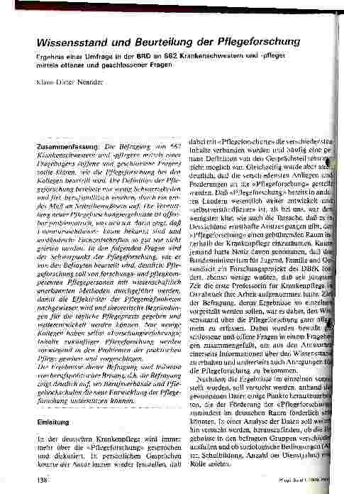 Vorschauseite 1: Wissenstand und Beurteilung der Pflegeforschung Ergebnisse einer Umfrage in der BRD an 662 Pflegekräften