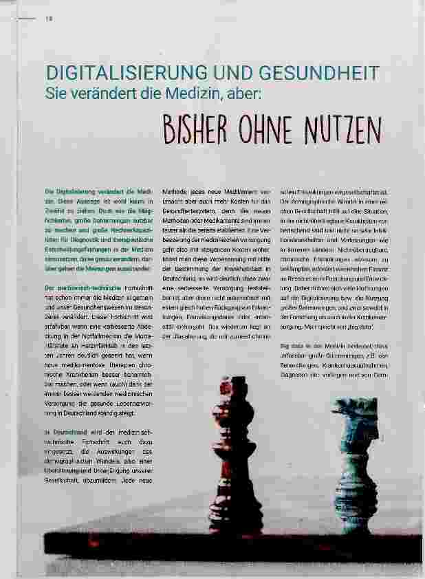 Vorschauseite 1: DIGITALISIERUNG UND GESUNDHEIT Sie verändert die Medizin, aber: BISHER OHNE NUTIEN