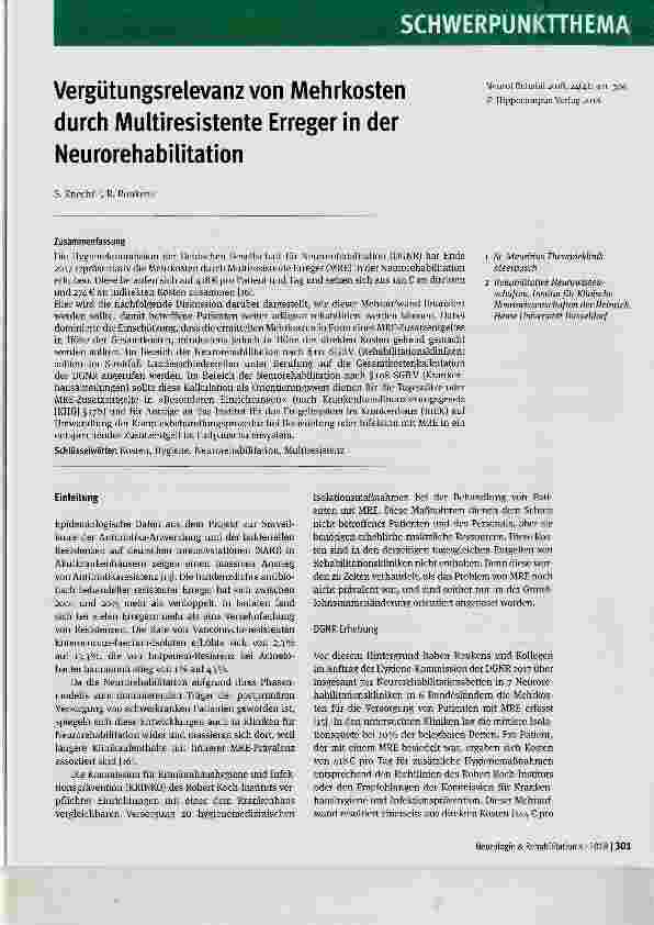 Vorschauseite 1: Vergütungsrelevanz von Mehrkosten durch Multiresistente Erreger in der Neurorehabilitation