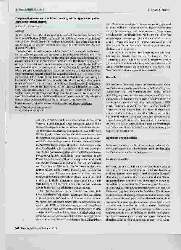 Vorschauseite 2: Vergütungsrelevanz von Mehrkosten durch Multiresistente Erreger in der Neurorehabilitation