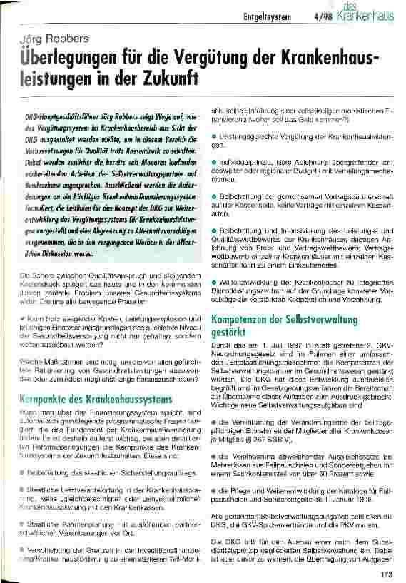 Vorschauseite 1: Überlegungen für die Vergütung der Krankenhausleistungen in der Zukunft