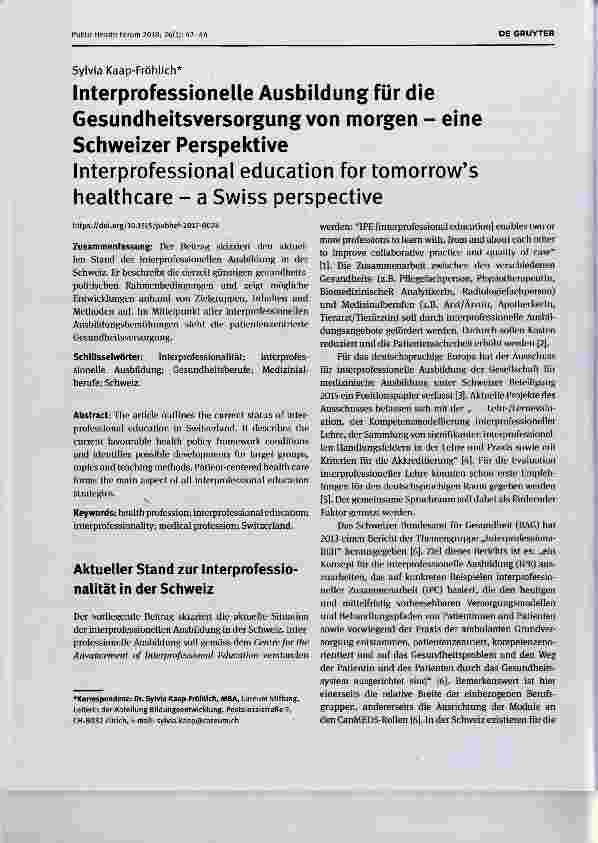 Vorschauseite 1: Interprofessionelle Ausbildung für die Gesundheitsversorgung von morgen eine Schweizer Perspektive