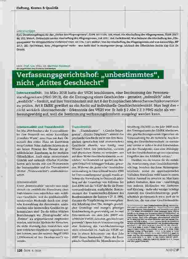 Vorschauseite 1: Verfassungsgerichtshof: „unbestimmtes“, nicht „drittes Geschlecht“