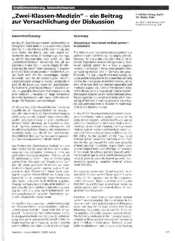 Vorschauseite 1: „Zwei-Klassen-Medizin - ein Beitrag zur Versachlichung der Diskussion