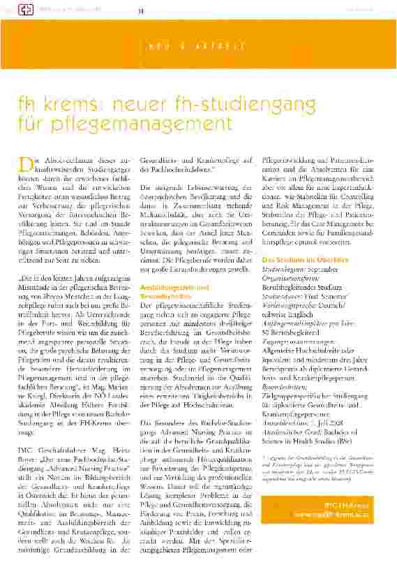 Vorschauseite 1: Fh krems: Neuer Fh-Studiengang für Pflegemanagement