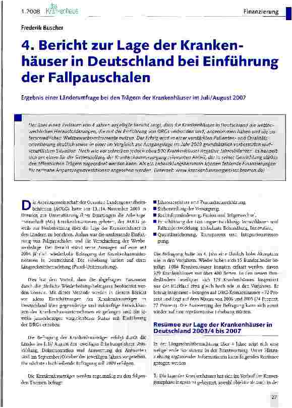 Vorschauseite 1: 4. Bericht zur Lage der Krankenhäuser in Deutschland bei Einführung der Fallpauschalen