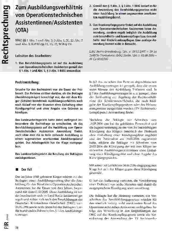 Vorschauseite 1: Zum Ausbildungsverhältnis von Operationstechnischen Assistentinnen/Assistenten (OTA)