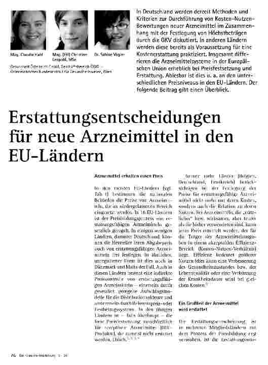 Vorschauseite 1: Erstattungsentscheidungen für neue Arzneimittel in den EU-Ländern