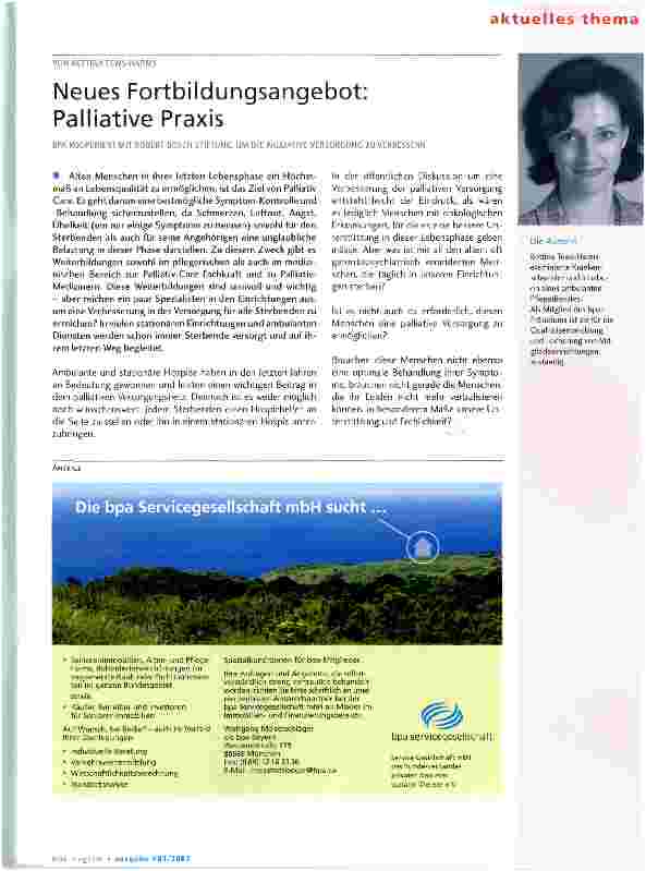 Vorschauseite 1: Neues Fortbildungsangebot: Palliative Praxis