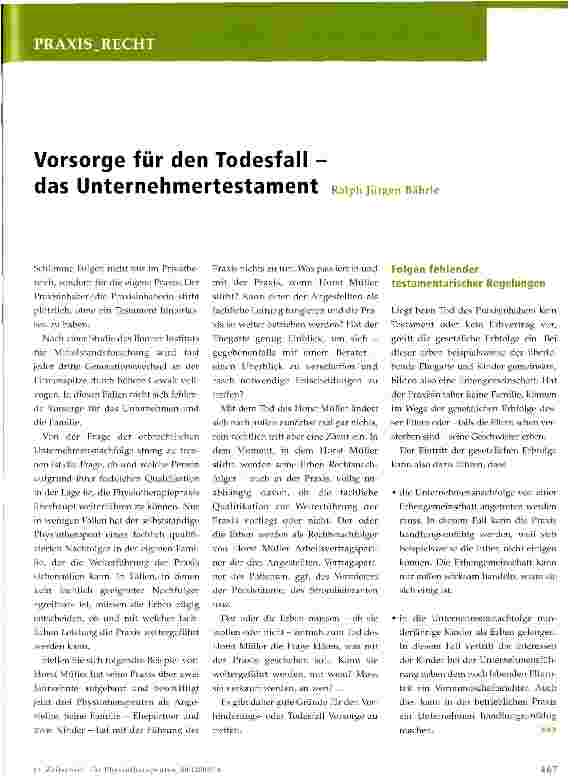 Vorschauseite 1: Vorsorge für den Todesfall -das Unternehmertestament