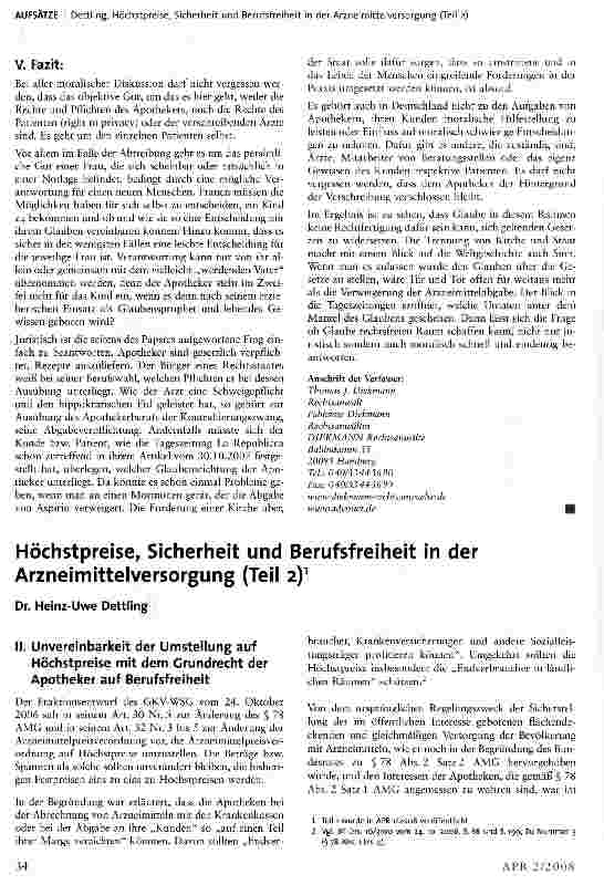 Vorschauseite 1: Höchstpreise, Sicherheit und Berufsfreiheit in der Arzneimitteiversorgung (Teil 2)