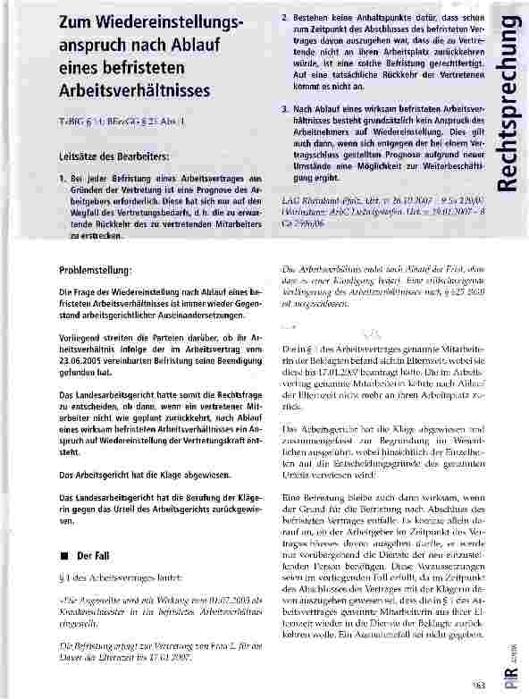 Vorschauseite 1: Zum Wiedereinstellungsanspruch nach Ablauf eines befristeten Arbeitsverhältnisses