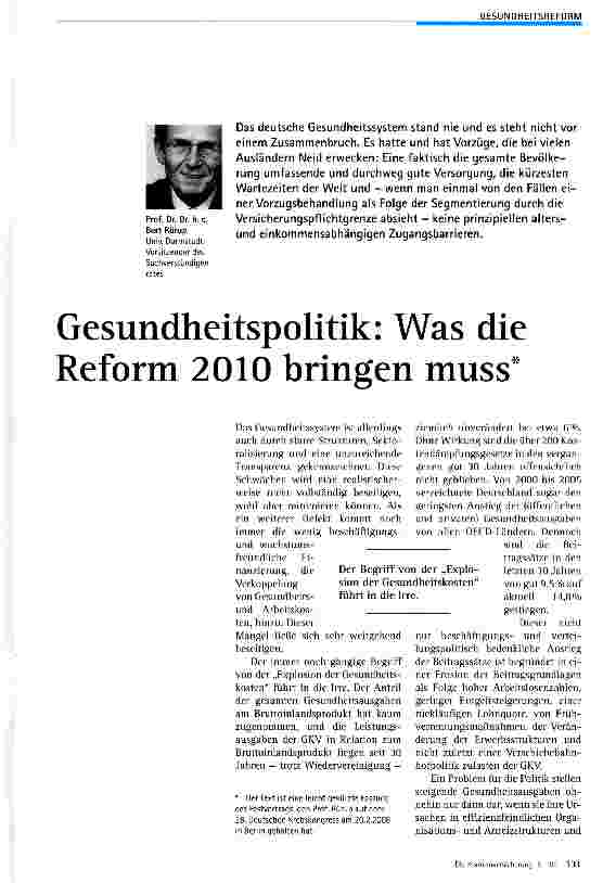 Vorschauseite 1: Gesundheitspolitik: Was die Reform 2010 bringen muss