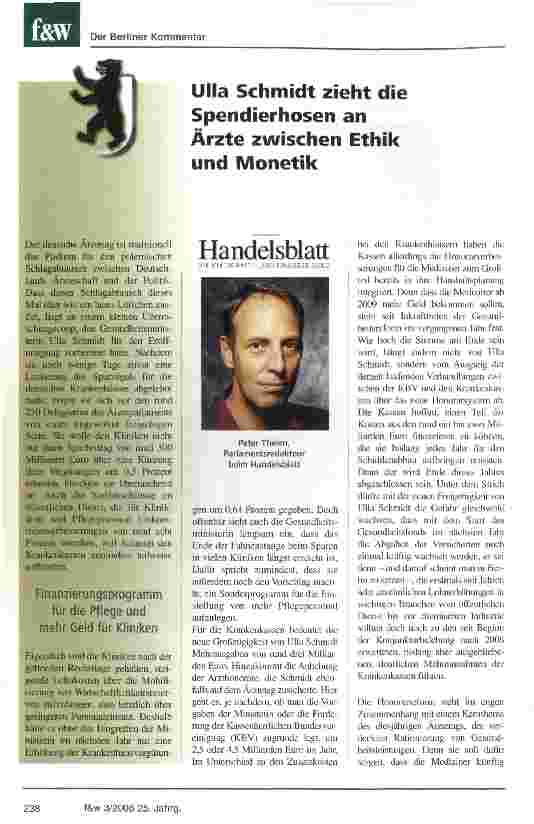 Vorschauseite 1: Ulla Schmidt zieht die Spendierhosen an Ärzte zwischen Ethik und Monetik