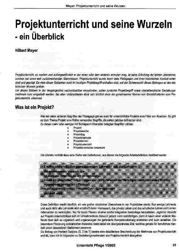 Vorschauseite 1: Projektunterricht und seine Wurzeln - ein Überblick