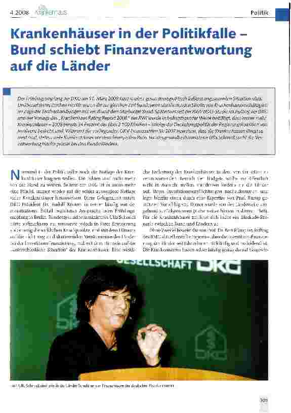 Vorschauseite 1: Krankenhäuser in der Politikfalle -Bund schiebt Finanzverantwortung auf die Länder