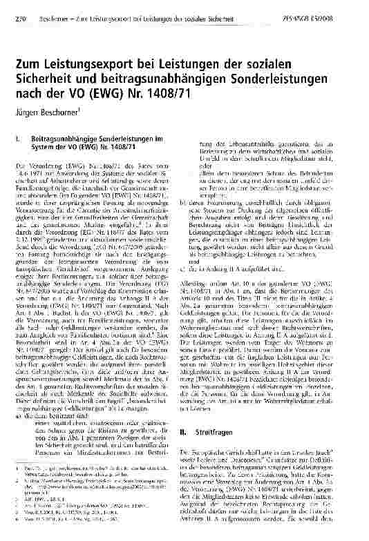 Vorschauseite 1: Zum Leistungsexport bei Leistungen der sozialen Sicherheit und beitragsunabhängigen Sonderleistungen nach der VO (EWG) Nr. 1408/71
