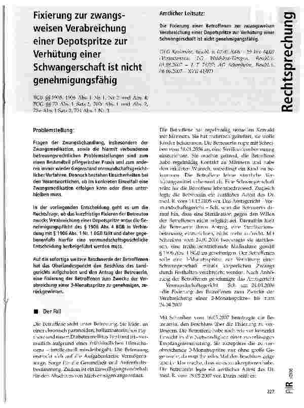 Vorschauseite 1: Fixierung zur zwangsweisen Verabreichung einer Depotspritze zur Verhütung einer Schwangerschaft ist nicht genehmigungsfähig