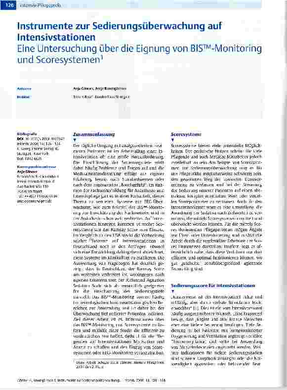 Vorschauseite 1: Instrumente zur Sedierungsüberwachung auf IntensivstationenEine Untersuchung über die Eignung von BIS™-Monitoring und Scoresystemen