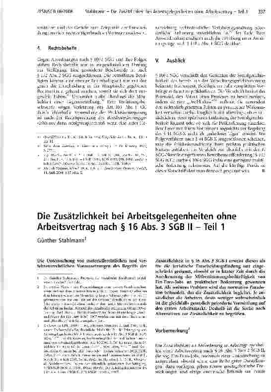Vorschauseite 1: Die Zusätzlichkeit bei Arbeitsgelegenheiten ohne Arbeitsvertrag nach § 16 Abs. 3 SGB II - Teil 1
