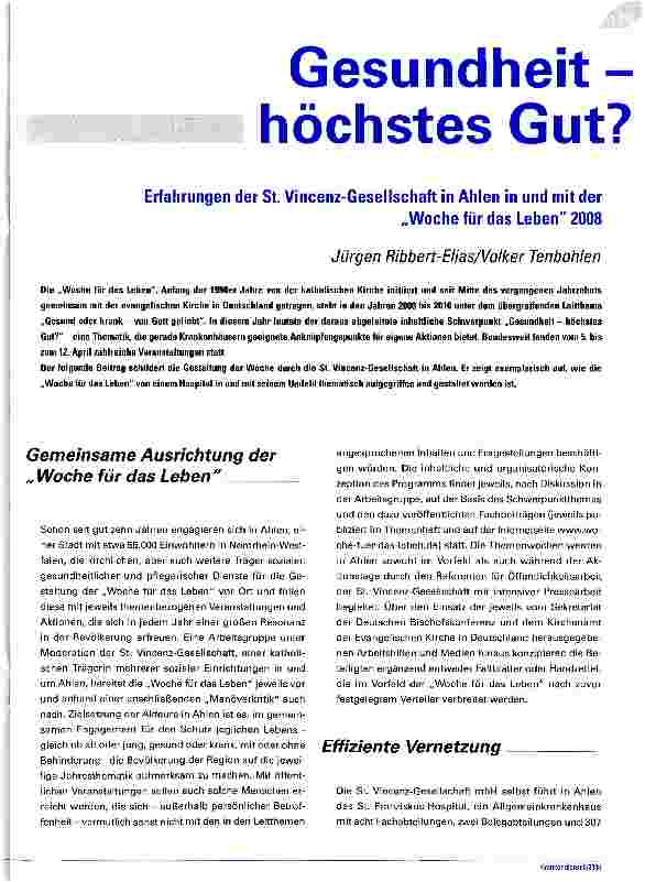 Vorschauseite 1: Gesundheit -höchstes Gut? - Erfahrungen der St. Vincenz-Gesellschaft in Ahlen in und mit der „Woche für das Leben 2008
