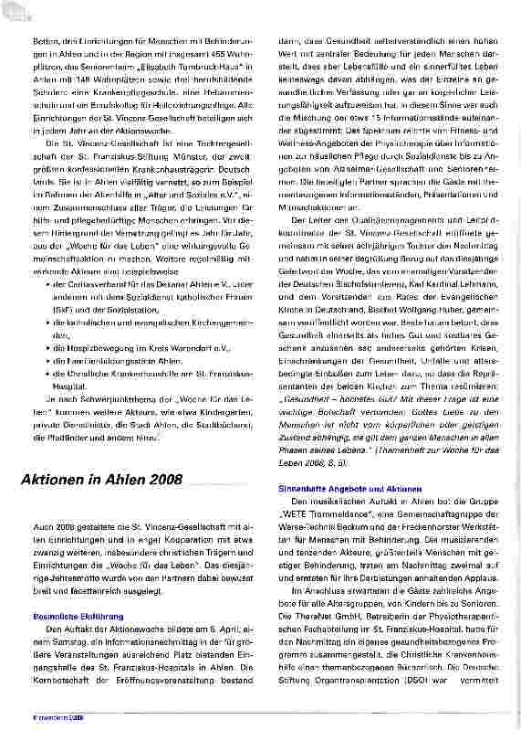Vorschauseite 2: Gesundheit -höchstes Gut? - Erfahrungen der St. Vincenz-Gesellschaft in Ahlen in und mit der „Woche für das Leben 2008