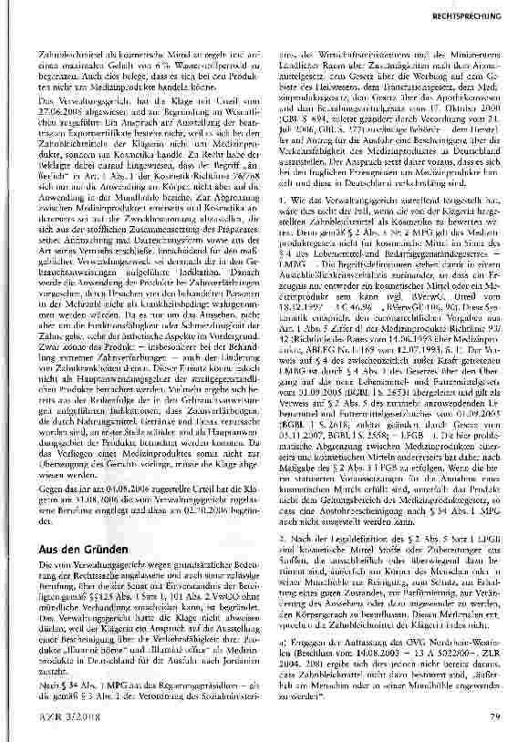 Vorschauseite 3: Zahnbleichmittel sind nicht als Kosmetika, sondern als Medizinprodukte zu bewerten